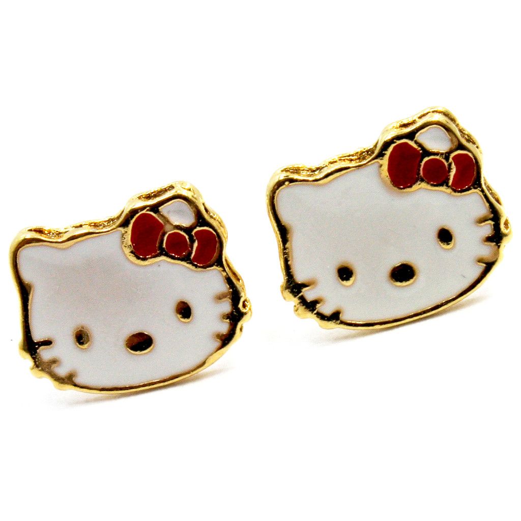 Gold 18K GF Girl Baby Kids Hello Kitty Earrings Push Back Stud Red