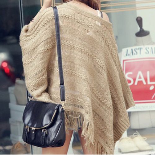 Womens Chunky Batwing Tassels Cape Sweater Poncho Knitwear Top Jumper