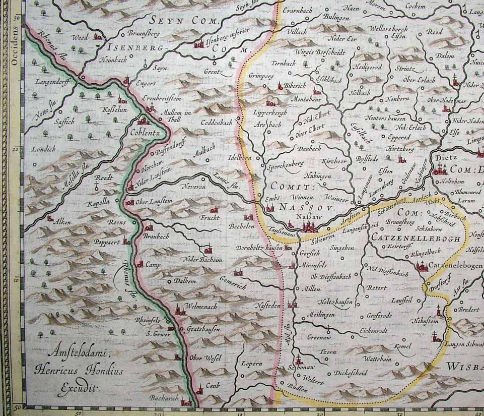 1633 Hondius Map Nassau Koblenz Wiesbaden Marburg Lahn