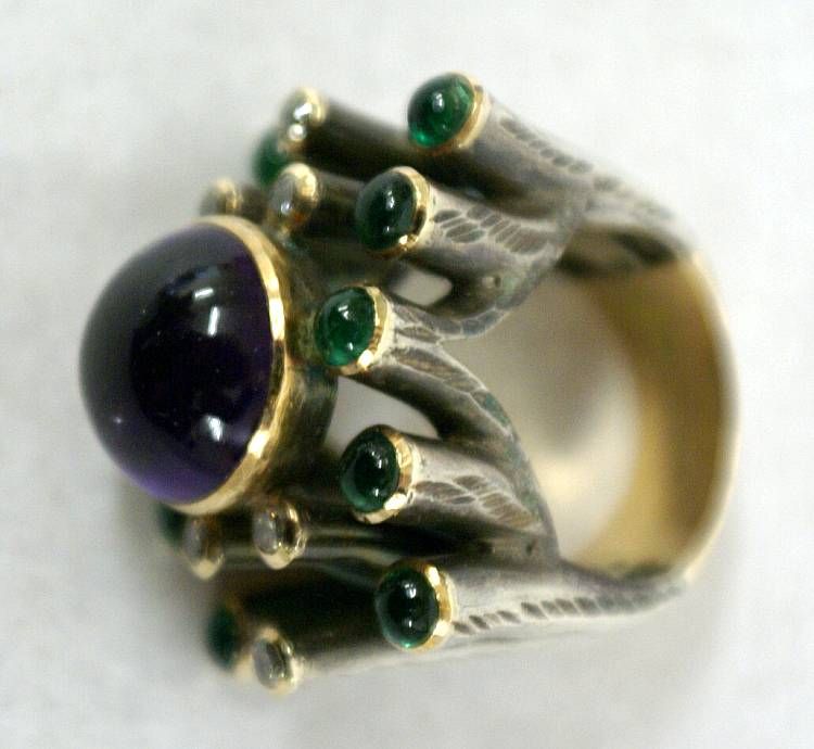 Handmade Monumental 18K Gold Oxidized Sterling w Amethyst Emeralds