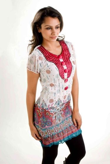 White crepe Kurti / Tunic / Womens Top / Kurta with pink neckline