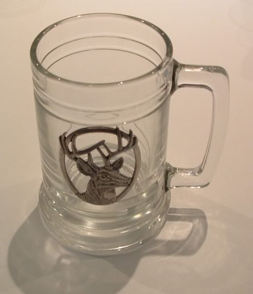 Glass BEER MUG , with peweter type WESTERN boot, MOOSE & Moose Head