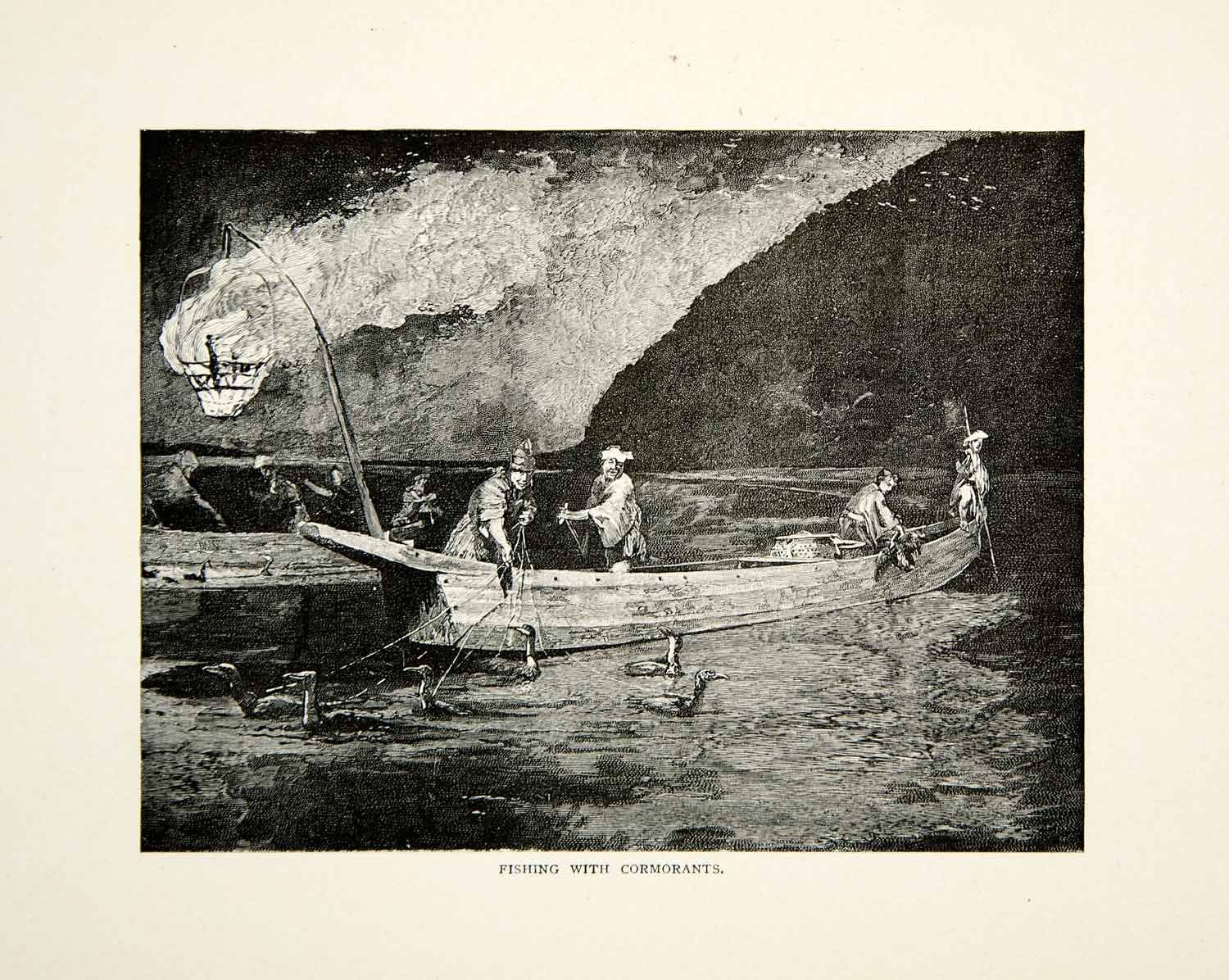 Engraving Men Fishing Cormorant Japan Ducks Boat Lake Ocean Pond Art