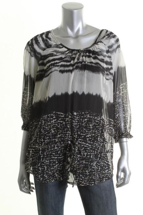 Daniel Rainn New Black Sheer Drop Waist DIP Dyed Lined 3 4 Sleeves Top