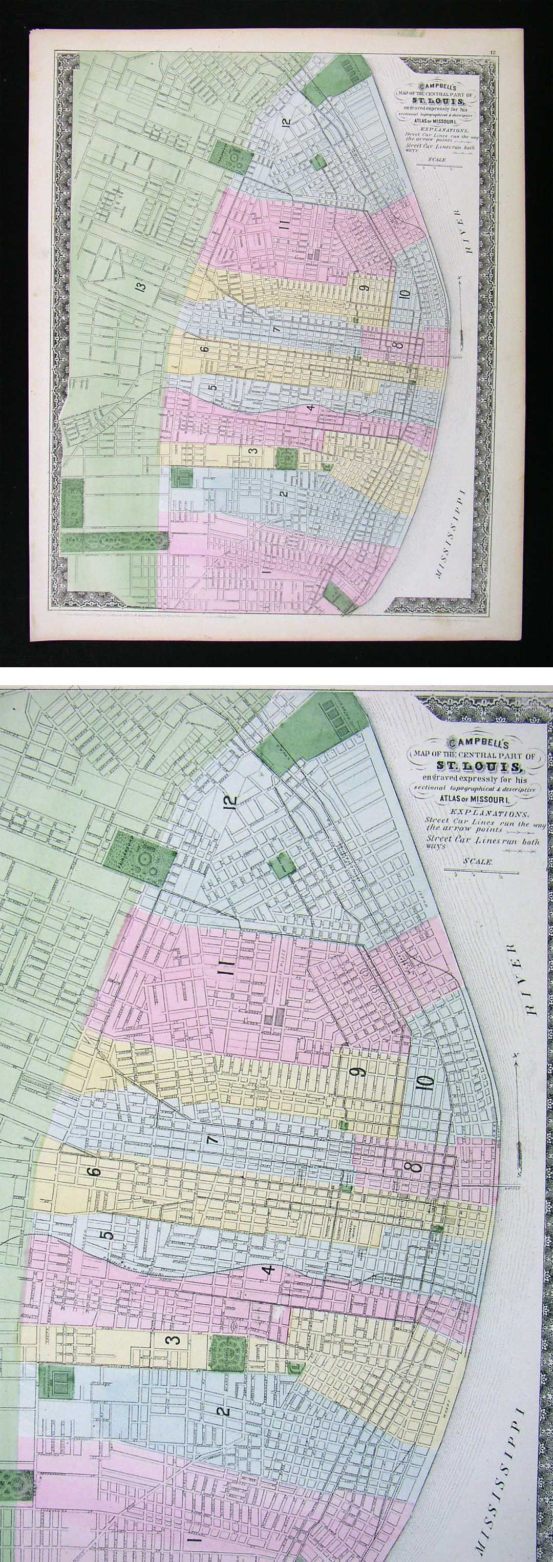 1872 Missouri Map St Louis City Plan Saint Mississippi River Fair