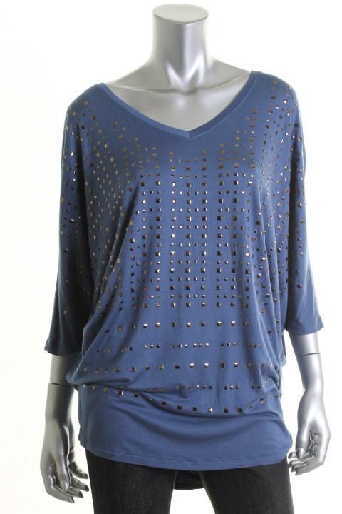 Laila Jayde New Blue Studded Front 3 4 Dolman Sleeve V Neck Tunic Top