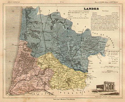 Landes France Authentic Hand Colored Antique Map 133 Years Old Made in