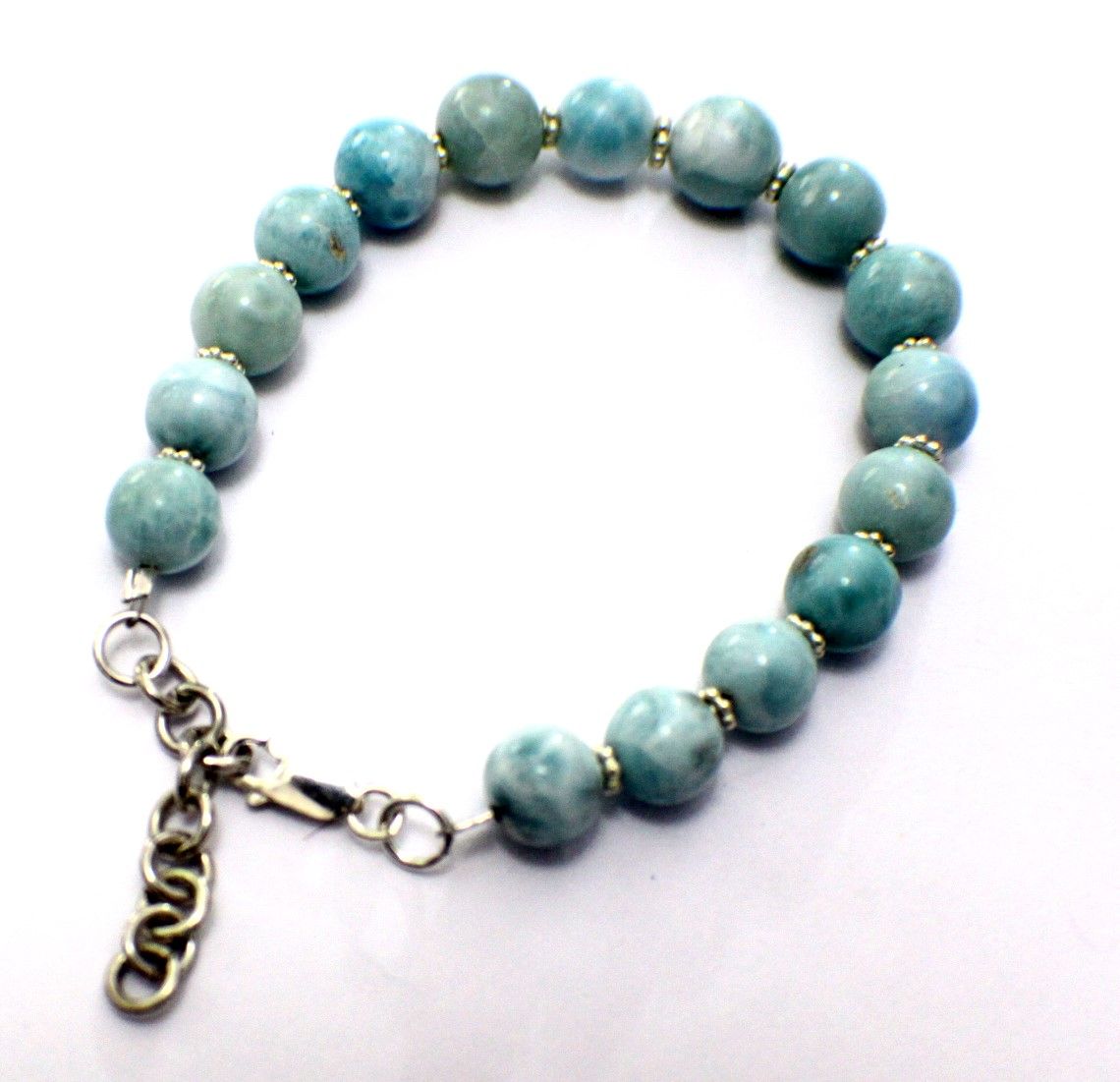 Blue Larimar Round Bead Ball Sphere Sterling Silver Bracelet 8