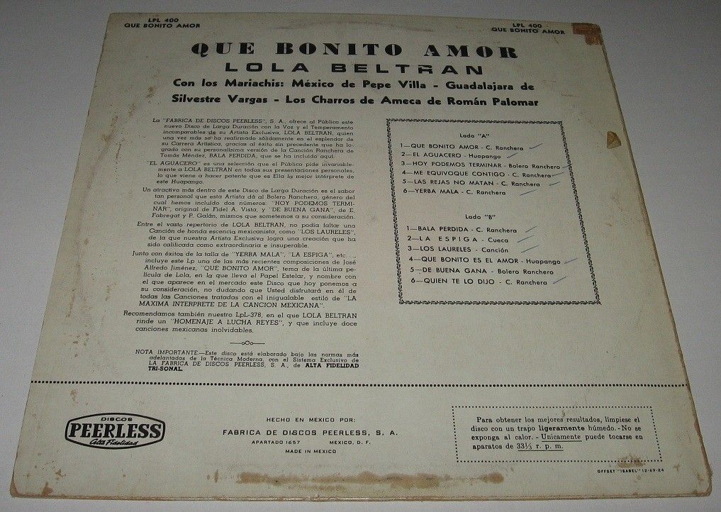 Lola Beltran Que Bonito Amor Mexican LP Mariachi Bala Perdida