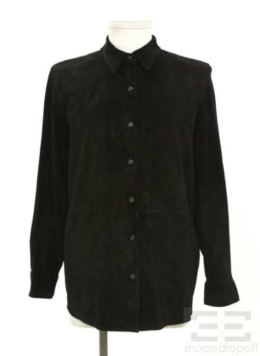 Lauren Ralph Lauren Womens Black Suede Button Up Shirt Size L New
