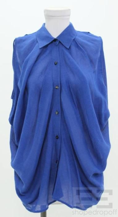 Phillip Lim Royal Blue Silk & Linen Button Front Sleeveless Drape