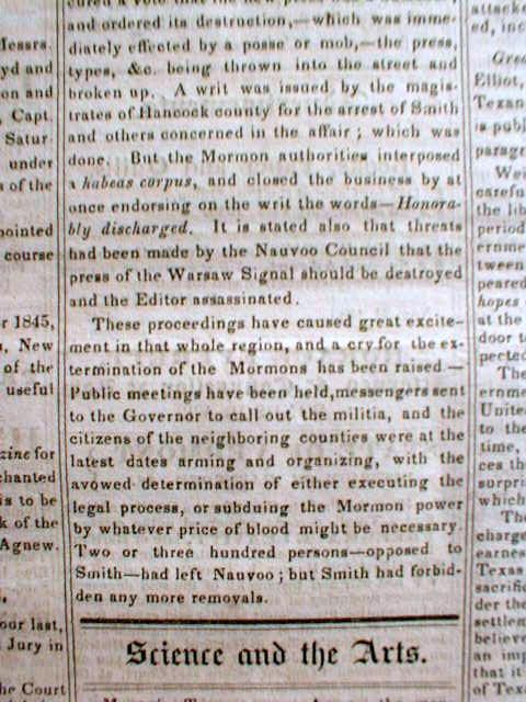 Vermont newspapers MORMON WAR Nauvoo ILLINOIS Joseph Smith Murdered