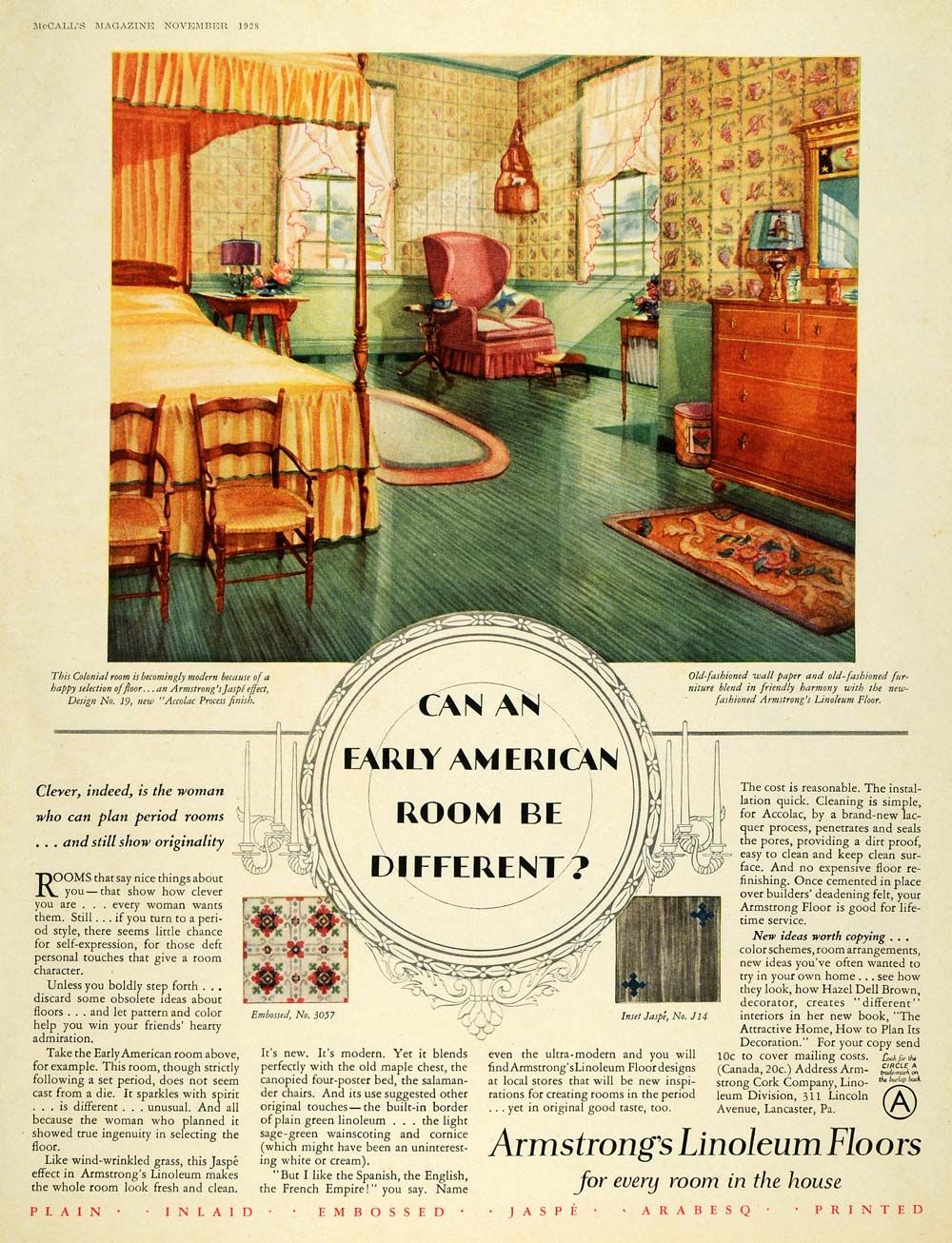 1928 Ad Armstrong Linoleum Flooring Bedroom American   ORIGINAL