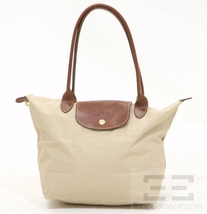 Longchamp Beige Nylon & Brown Leather Les Pliages Medium Shopping Tote