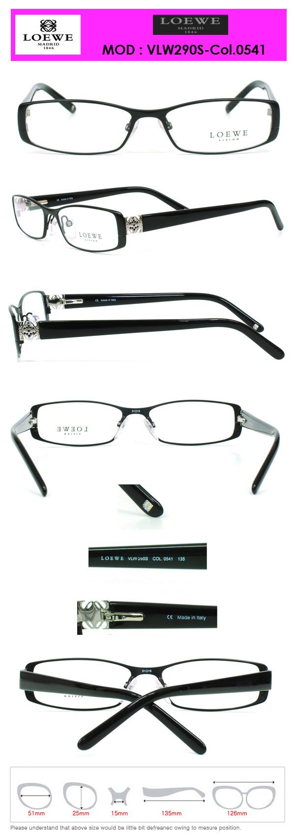 EyezoneCo Loewe Eyeglasses VLW290S Col 0541 Fullrim Black Acetate