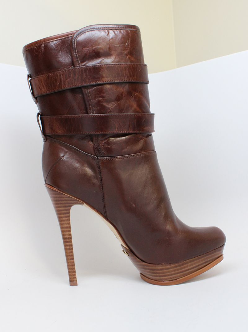 Michael Kors Womens Mae Buckle Platform Stiletto Mid Calf Brown Boot