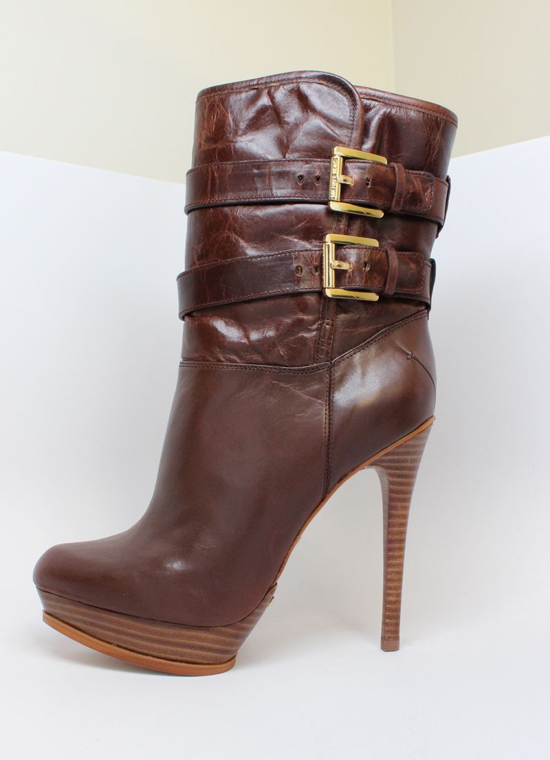 Michael Kors Womens Mae Buckle Platform Stiletto Mid Calf Brown Boot