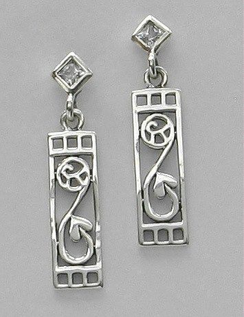 Mackintosh Art Nouveau Style Silver Post CZ Earrings