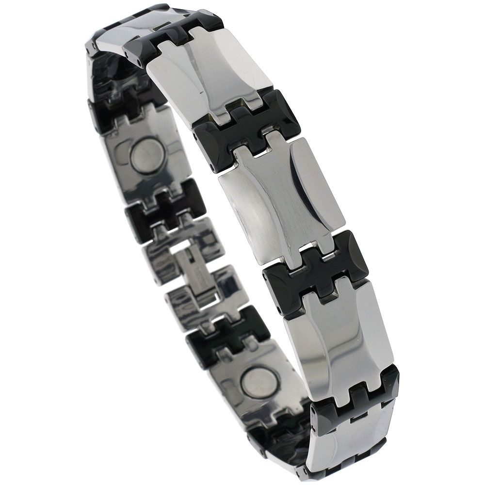 Tungsten & Ceramic Magnetic Bracelet, 2 Tone Gun Metal & Black w/ Bar