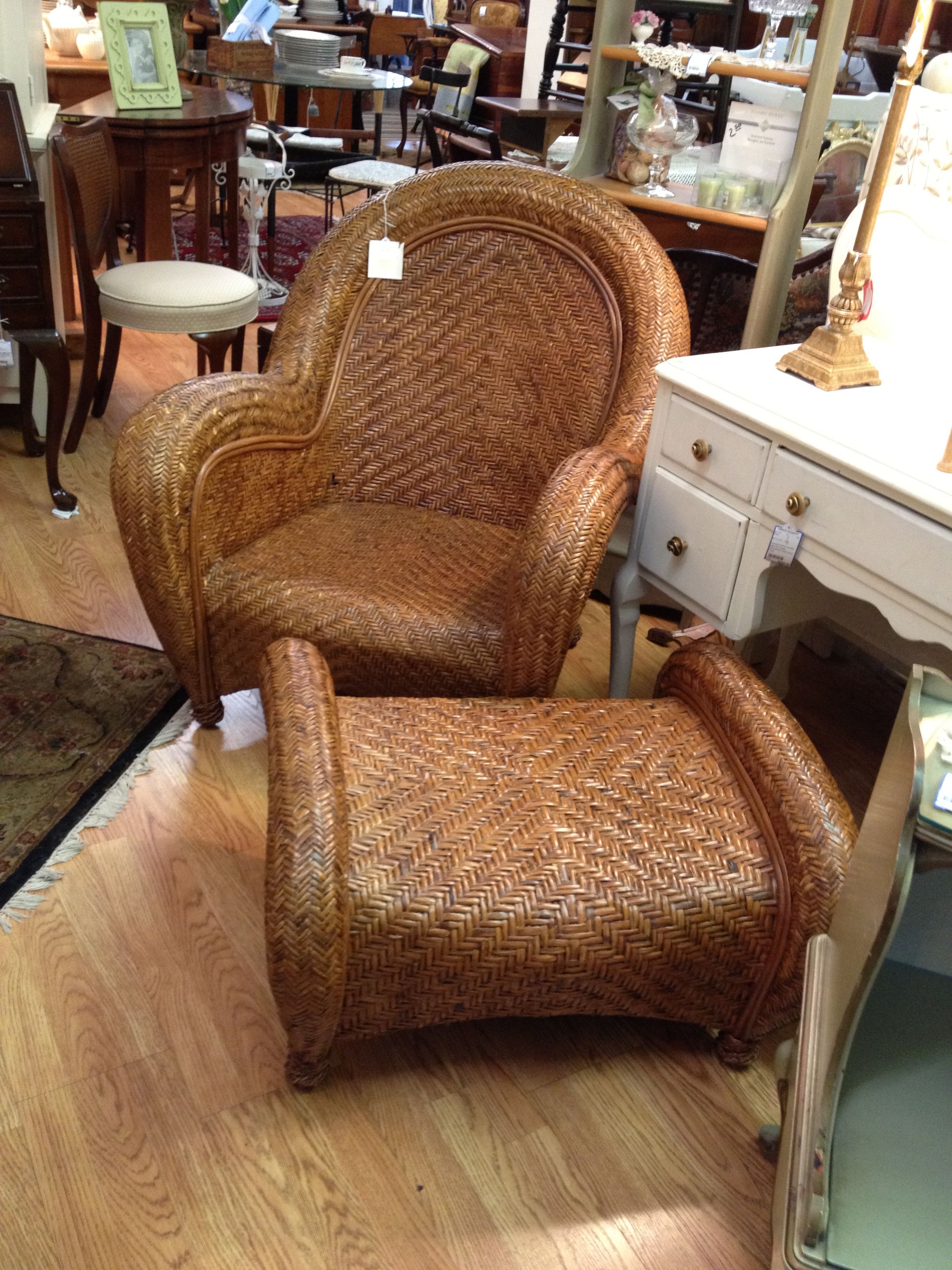 Gently Used Pottery Barn Malabar Chair Rattan and Ottoman