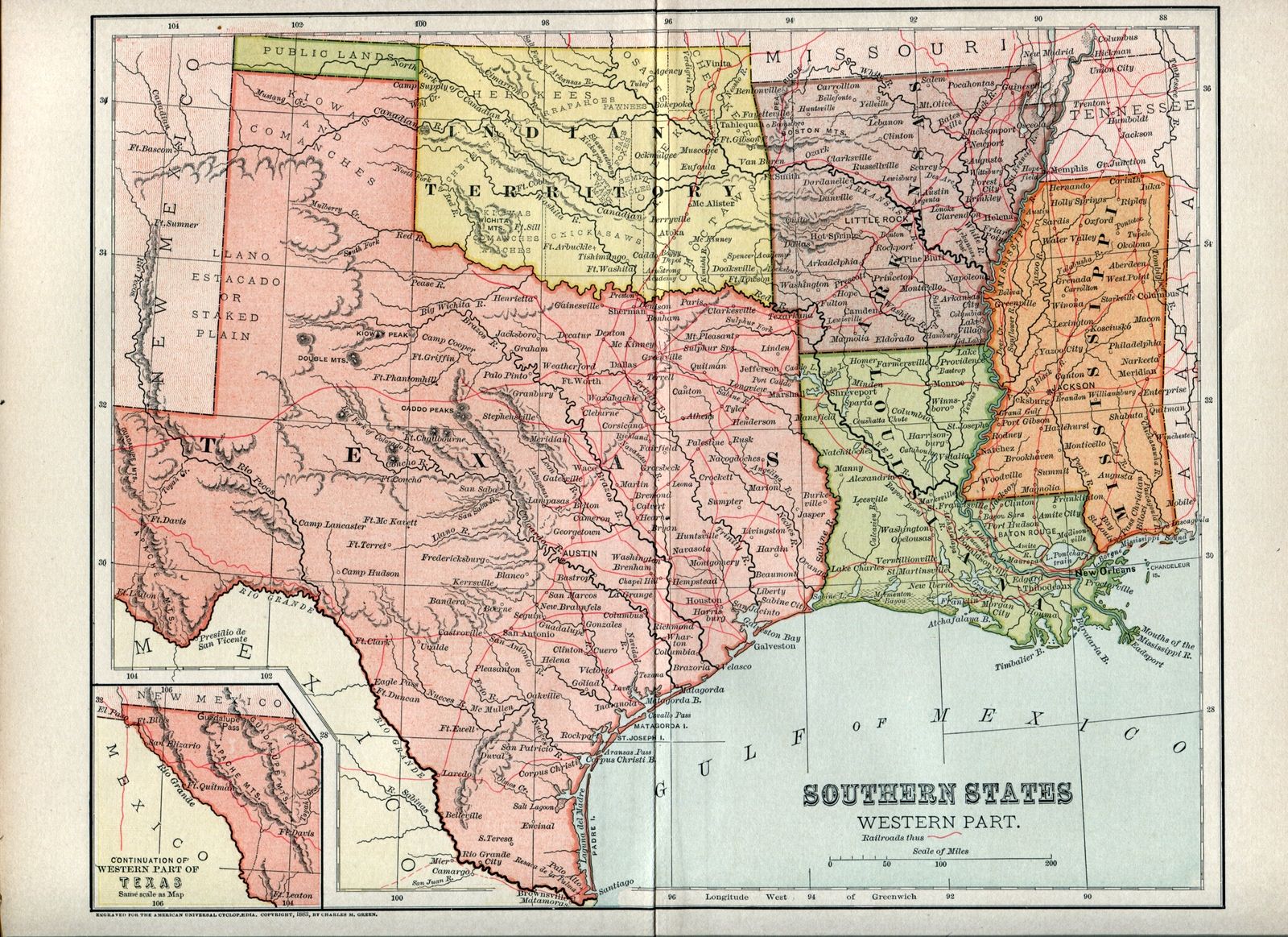 1883 Map USA Texas and Oklahoma Territory w/ Railroad Routes. Antique