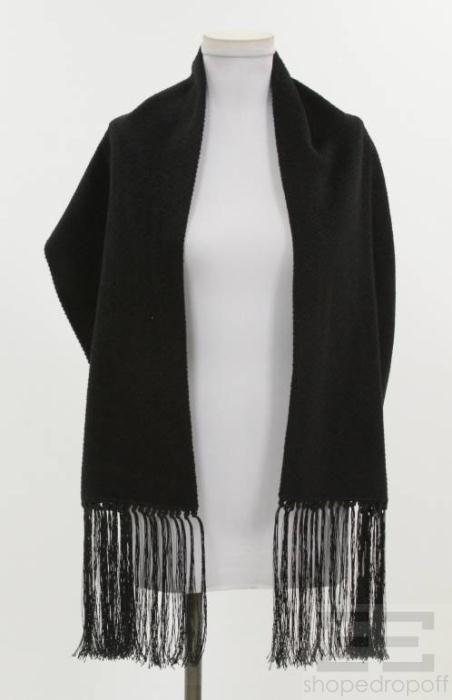 Marlowe Black Baby Alpaca Wool 3 4 Length Coat Fringe Scarf Jacket