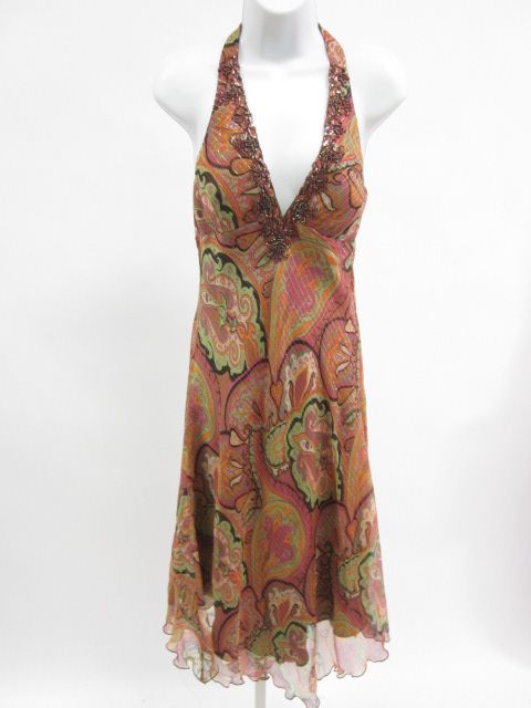 Mary L Couture Multicolor Paisley Beaded Halter Dress 6