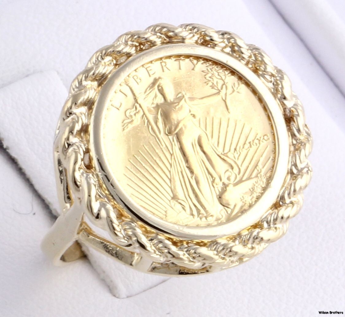 Eagle Womens Ring 14k Yellow Gold Setting 22K Gold Coin 8 3G