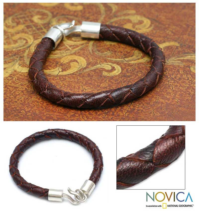 Earth Elements Mens Brown Leather Silver Bracelet