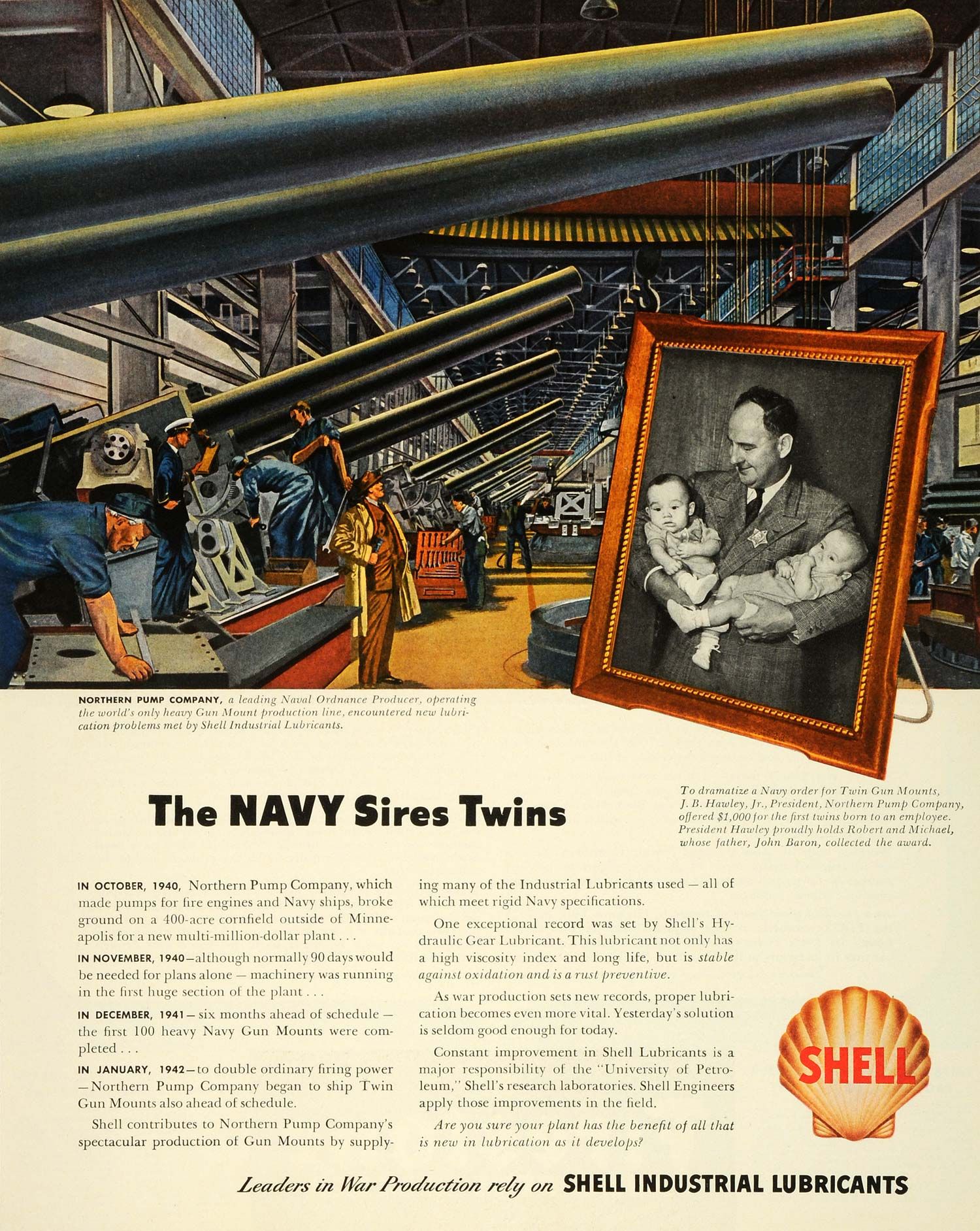 1943 Ad Shell Industrial Lubricants WWII War Production Twin Gun