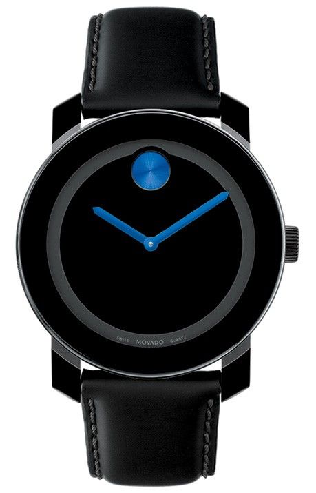 Movado Swiss Bold Mens Black Leather Strap Black Dial Blue Accent