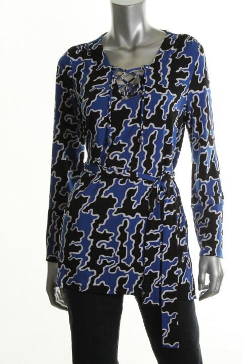 Michael Kors New Blue Matte Jersey Lace Up Belted Tunic Top Shirt L