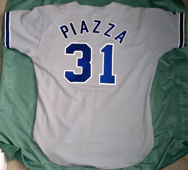 MIKE PIAZZA DODGERS HAND SIGNED RUSSELL ATHLETIC 48 ROAD JERSEY   NO
