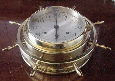 RARE VINTAGE HOWARD MILLER BRASS 11 JEWELS SHIPS WHEEL BELL CLOCK