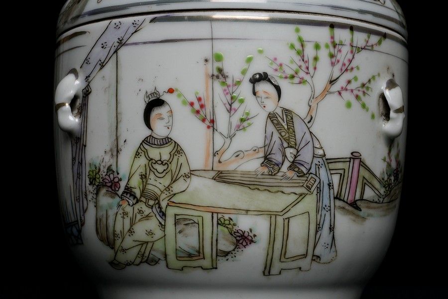 China 20th C Polychrome Figure Painting Lidded Pot Jar Calligraphy