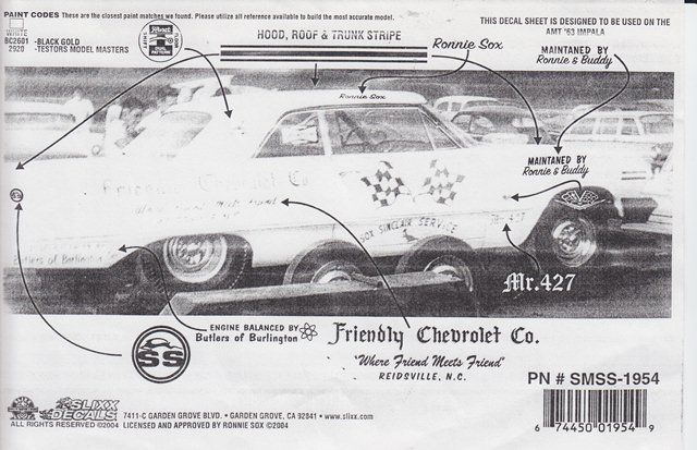 Ronnie Sox Friendly Chevrolet 1963 NHRA Decals Slixx 1954