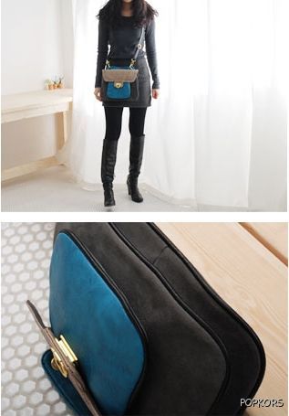 Blue Black Leather Suede Crossbody Messenger Bag