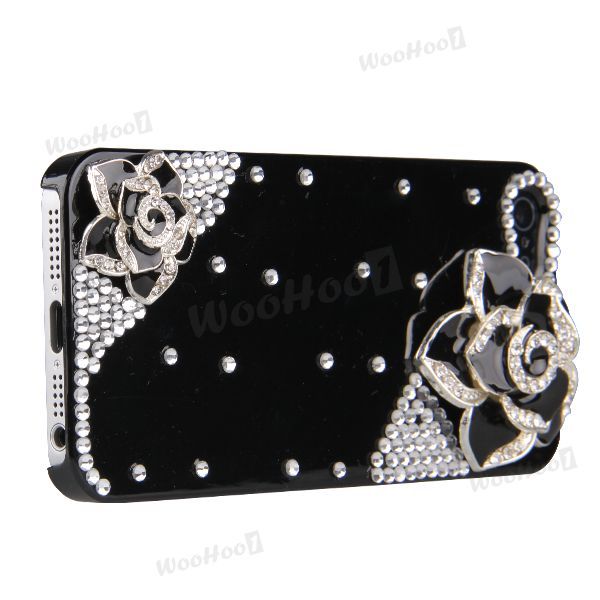 Schwarz Strass Bling Kamelie Handy Hülle Gehäuse Tasche Etui f