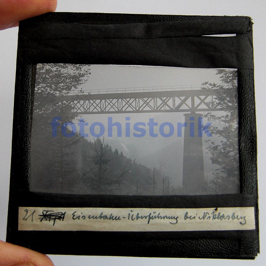altes Glas Dia Eisenbahn Brücke Niklasberg / Mikulov ca.1935 Böhmen