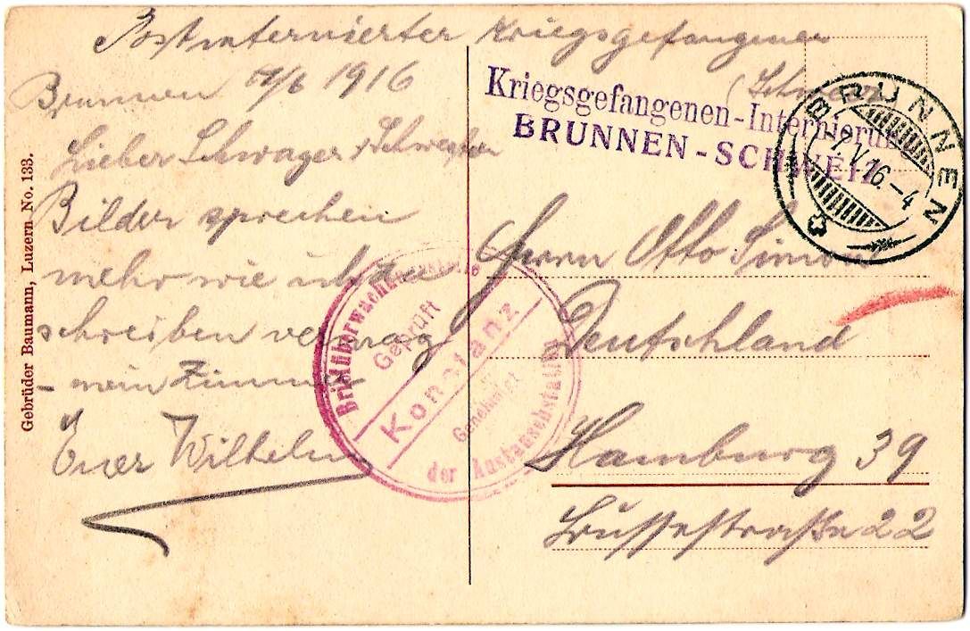 59   Feldpostkarte Schweiz Kriegsgefangenen   Internierung Brunnen