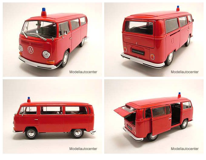 VW T2 Bus Feuerwehr 1972 rot, Modellauto 124 / Welly