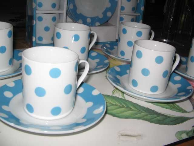 Puppengeschirr Espressotassen Set Mokkatassen Hellblau Porzellan Polka