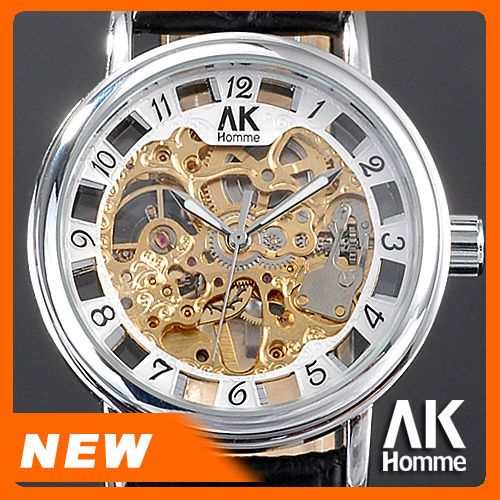 NEU AK HOMME Luxus Skelett Uhr Herrenuhr Mechanische Leder Armbanduhr