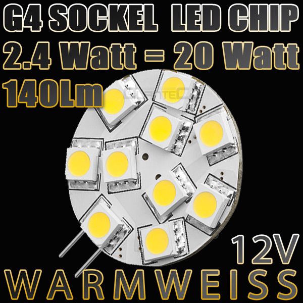 LED Chip G4 Lampensockel SEITLICH 10xSMD Warmweiss 2.4W (=20W) 12V