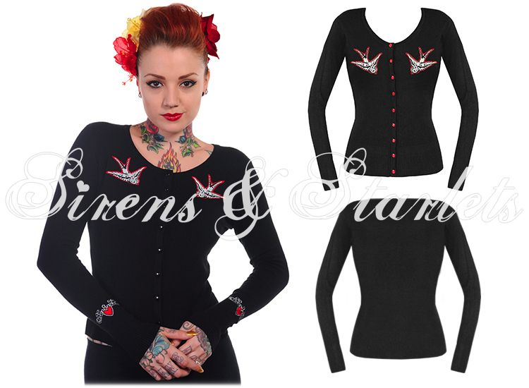 BANNED BLACK Strickjacke Cardigan Damen Vintage Tattoo Schwalbe Rock n