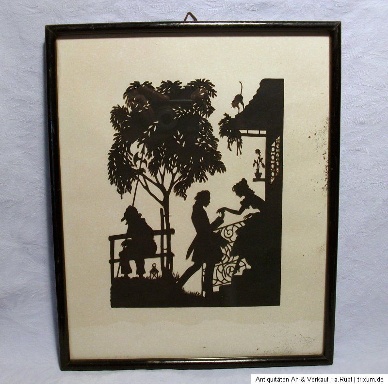 Uralt Scherenschnitt Silhouette Paar Nachtwächter um 1920/30 orig