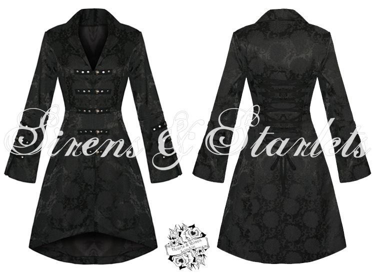 Damen Jacke Mantel Schwarz Grufti Gothic Militär Satin Blumen