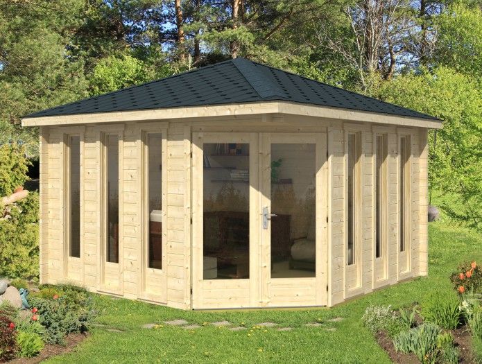 Eck Gartenhaus Blockhaus 380 x 380 cm / 50mm Wandstärke mit Isoglas