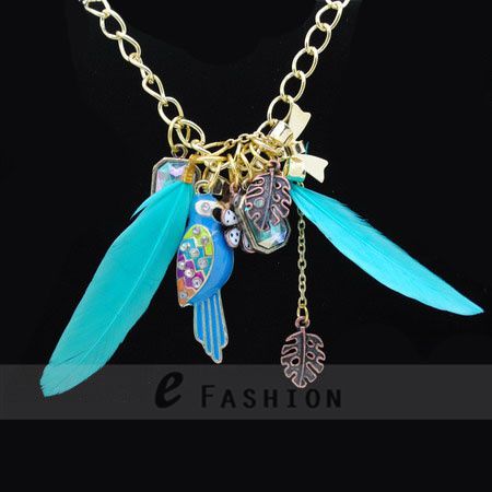 Halskette Vogel Feder Blume Anhänger Damen Lange Kette necklace NEU