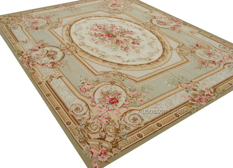 Aubusson Teppich Gewebt 360X270 ROSA ROSEN PASTELL BLAU